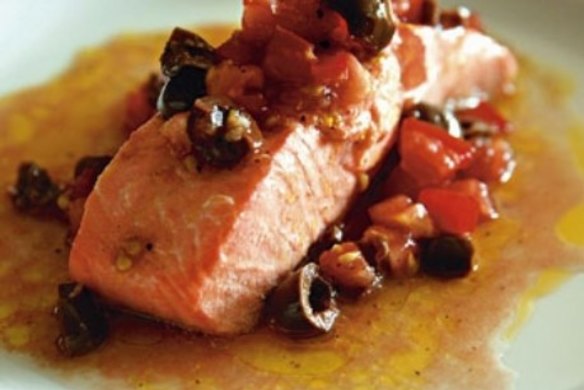 Poached ocean trout with olive salsa