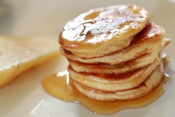 Peanut butter pikelets with poached pear.