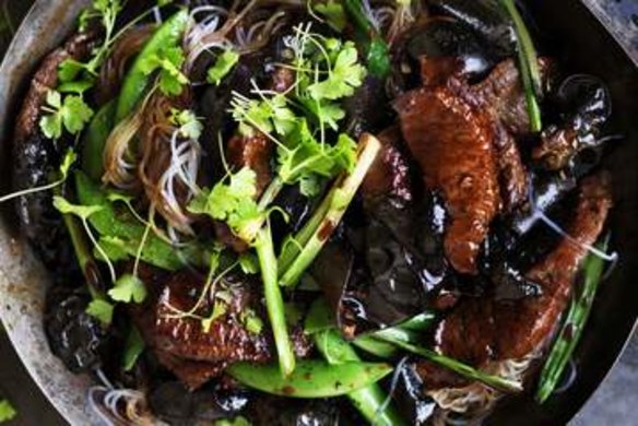 Lamb, mushroom and hoisin noodle stir-fry.