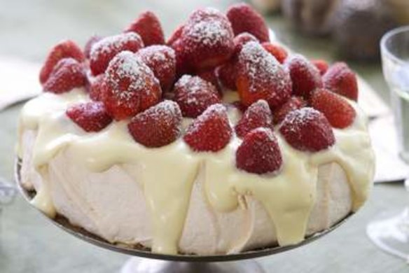 Surefire pavlova with white chocolate cream and strawberries.