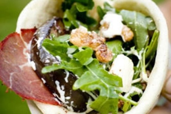 Eggplant, bastourma and rocket wraps