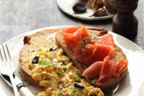 Scrambled eggs with smoked ocean trout and black garlic