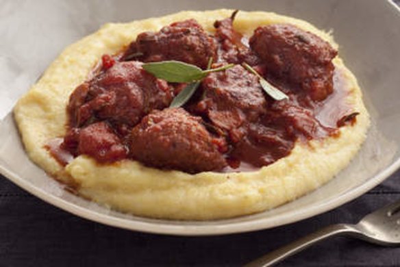 Sausage meatballs with polenta and mozzarella.