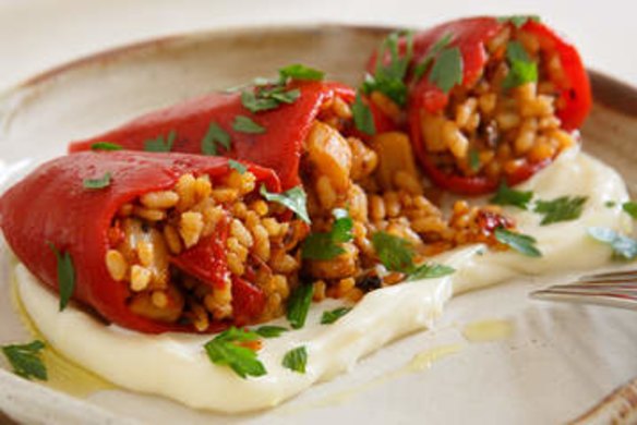 Piquillo peppers stuffed with calamari paella.