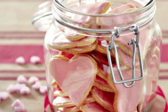 Heart-shaped iced biscuits.