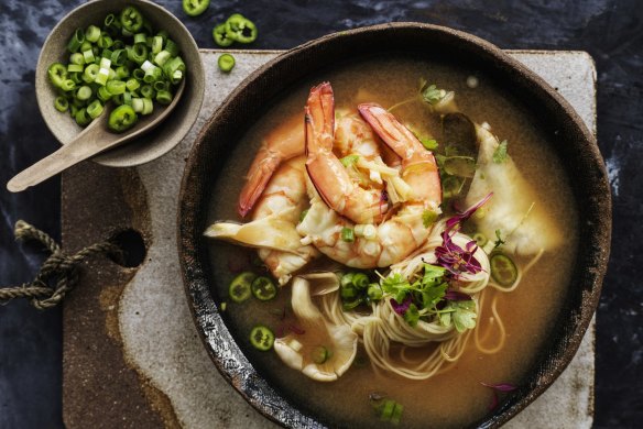 Neil Perry's sour and spicy prawn soup with noodles 