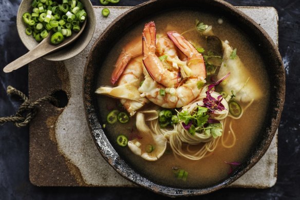 Neil Perry's sour and spicy prawn soup with noodles 