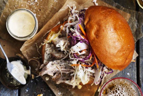 Pulled pork and coleslaw burgers with chipotle mayonnaise.