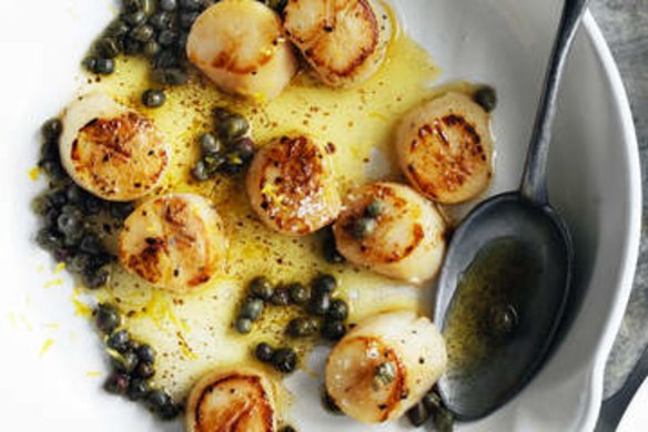 Neil Perry's pan-fried scallops with cauliflower puree, capers and lemon.