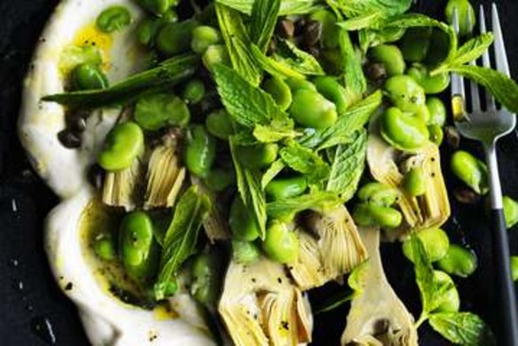 Broad beans, green olives and yoghurt