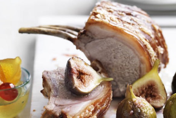 Roast rack of pork with fresh figs.