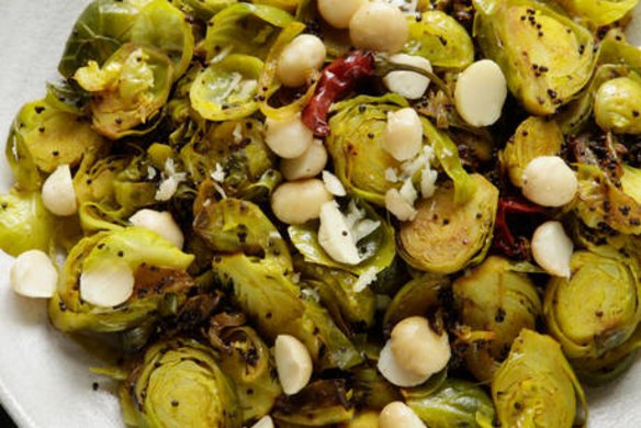 Indian-spiced brussels sprouts with macadamias. Jill Dupleix GREEN VEGGO recipes for Epicure/Good Living. Phoographed by Marina Oliphant. Food preparation and styling by Caroline Velik. All props stylist's own.