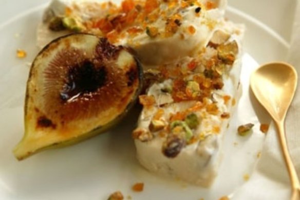 Frozen pistachio nougat with praline and caramelised figs