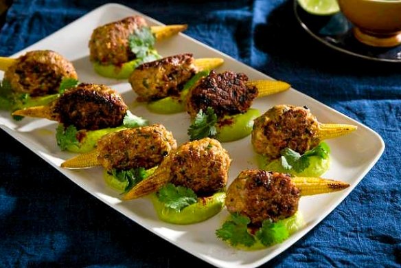 Chicken kofta on baby corn with whipped avocado