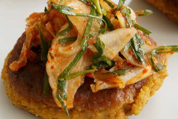 Chickpea and smoked paprika burger with kimchi salad.