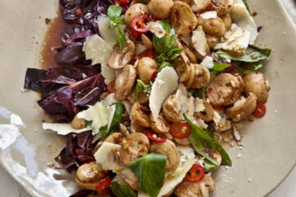 Karen Martini's quick pickle of balsamic mushrooms with trevisio and parmagianno.