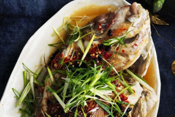 Barbecued snapper with black beans and salted chillies