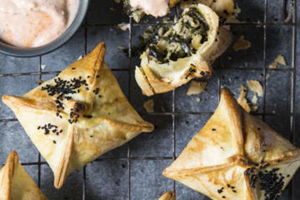 Silverbeet and haloumi pies with sausage (or ricotta).