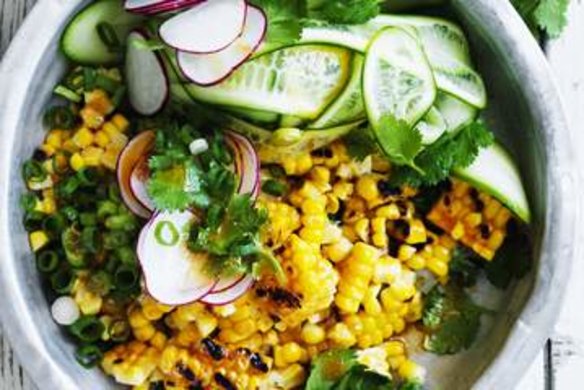 Grilled corn with cucumber, radish and coriander with smoked chilli and miso butter sauce.