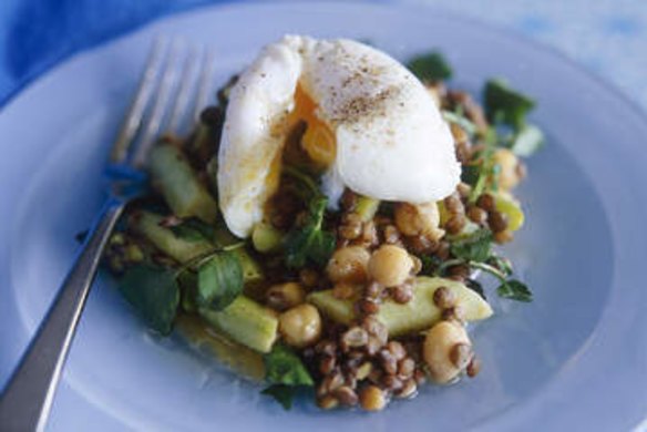 Asparagus and lentil salad with poached eggs.