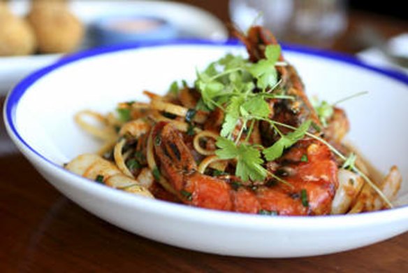 House-made linguine with Mooloolaba prawns.