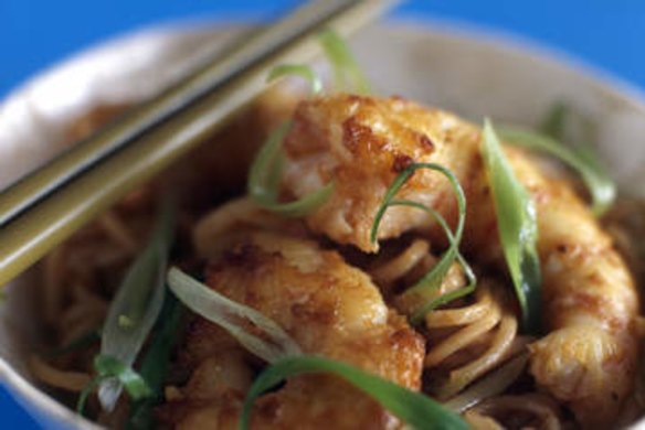 Soba noodles with prawns.