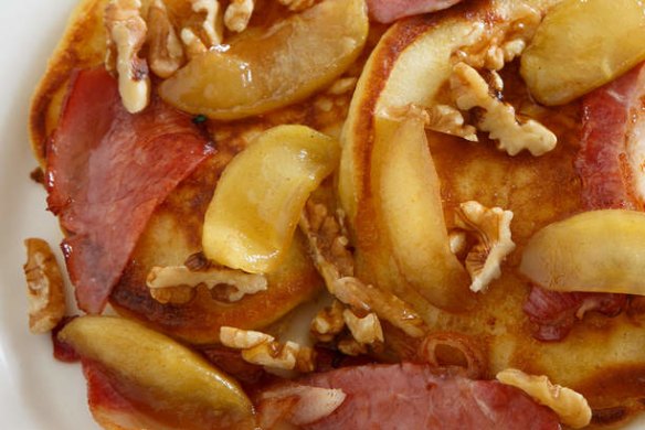 Buttermilk pancakes with apple, bacon, walnuts and spiced maple.