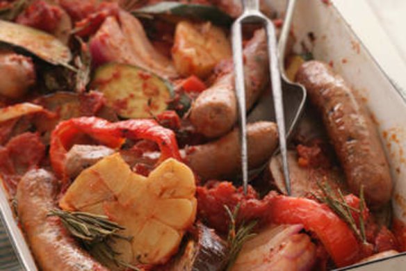 Baked ratatouille with snags.