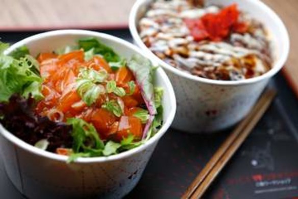 Rice Workshpo's salmon bowl and pork katsu.
