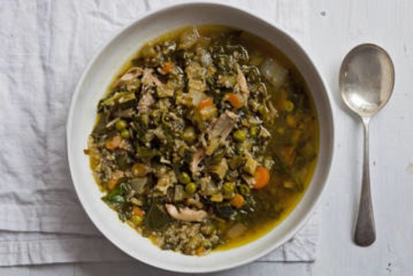 Karen Martini's spring chicken, rice, lentil and spinach soup.