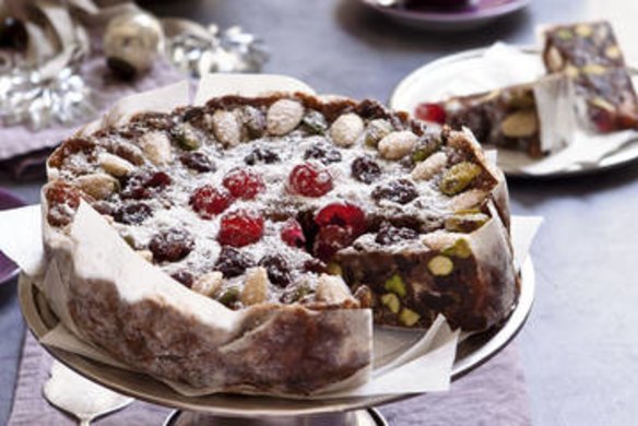 Paneforte bianco natale with white chocolate, pistachios, almonds and cherries.