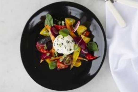 Summer salad, artisan burrata, pickled and roasted carrots, beets, kiss peppers and black salt at Pialligo Estate Garden Pavillions.