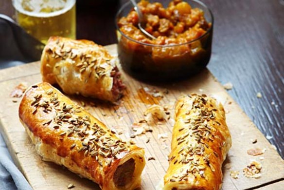 Luke Mangan's pork and fennel sausage rolls with green tomato chutney.