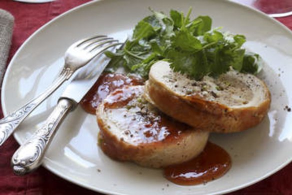 Roast turkey roll with Chinese pork and prawn stuffing.