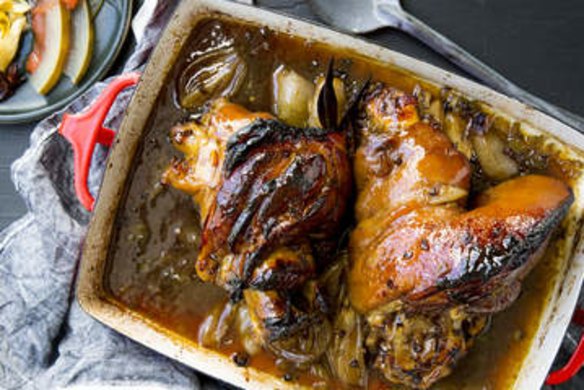 Pork hocks braised with cider, honey and Sichuan pepper.