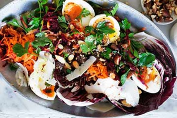 Soft-boiled eggs with beetroot and carrot salad.
