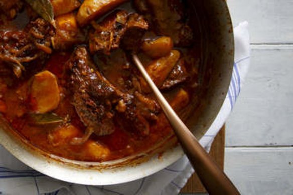 Braised lamb neck with white wine, tomato and oregano. To be used for upcoming recipe pages for Epicure/Good Food. Recipe by Karen Martini. Picture by Marcel Aucar, please credit. Styling by Marnie Rowe, please credit.