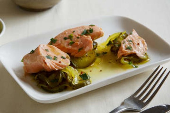 Poached ocean trout with pickled cucumber