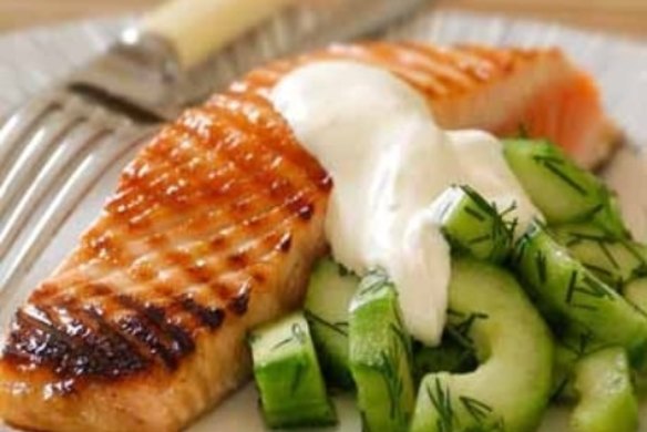 Grilled salmon with pickled cucumber and horseradish cream