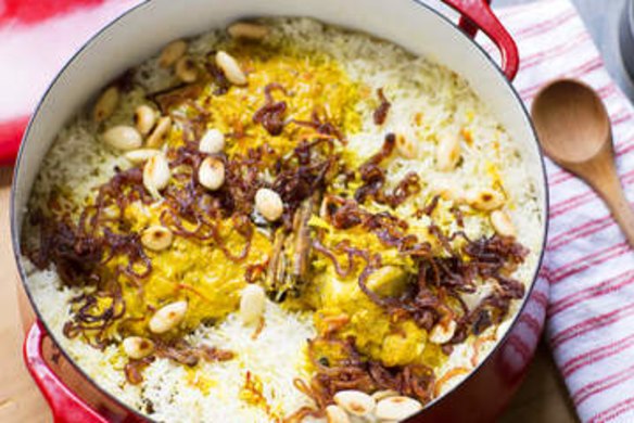 Chicken biryani with almonds, saffron and rosewater.