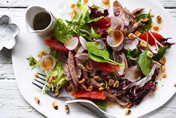 Duck salad with ruby grapefruit and hazelnuts.