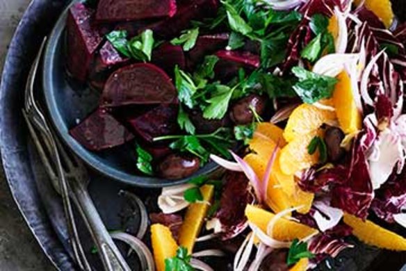 Beetroot, orange and olive salad.