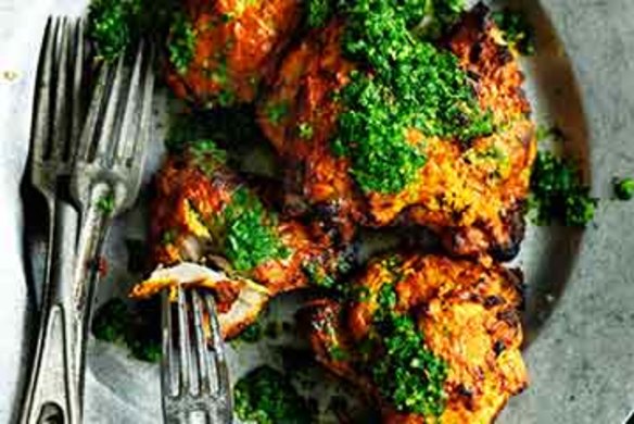 Tandoori chicken with mint and coriander relish.