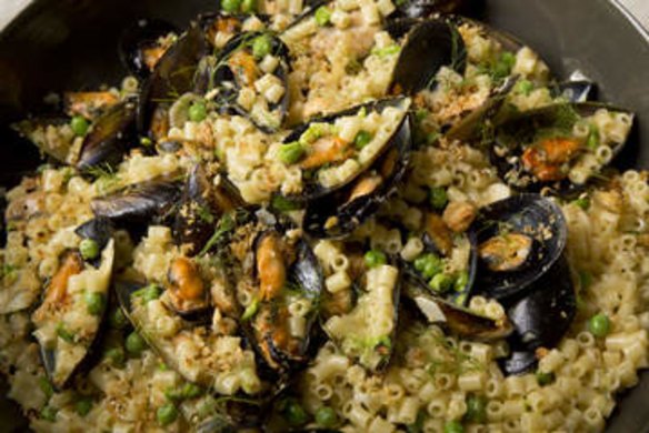 Macaroni with mussels, spring peas and toasted breadcrumbs.