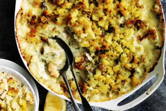 Seafood pie with potato crust.