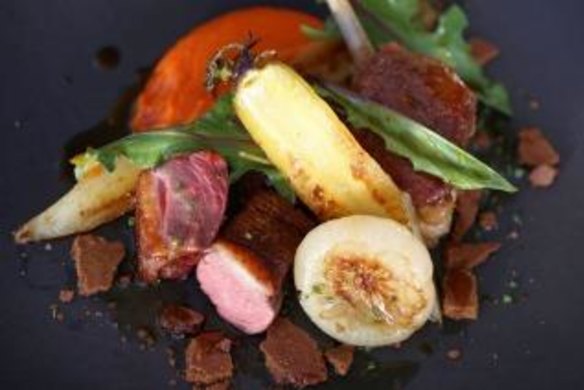 Roast Thirlmere duck, onion, carrot puree and gingerbread.