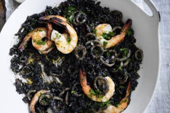 Paint it black: Prawn, squid ink and bacon paella.