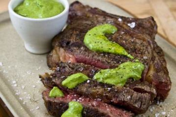 Steak with chimichurri sauce.