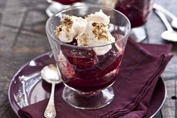 Walnut meringue kisses with roasted blood plums and double cream. Karen Martini PLUM recipes for Epicure and Good Food. Photographed by Marina Oliphant. Styling by CAROLINE VELIK. Photographed March 5th, 2013. The Age Newspaper and The Sydney Morning Herald.