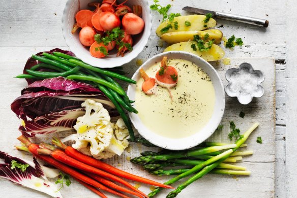 Adam Liaw's bagna cauda with fresh and pickled spring vegetables.